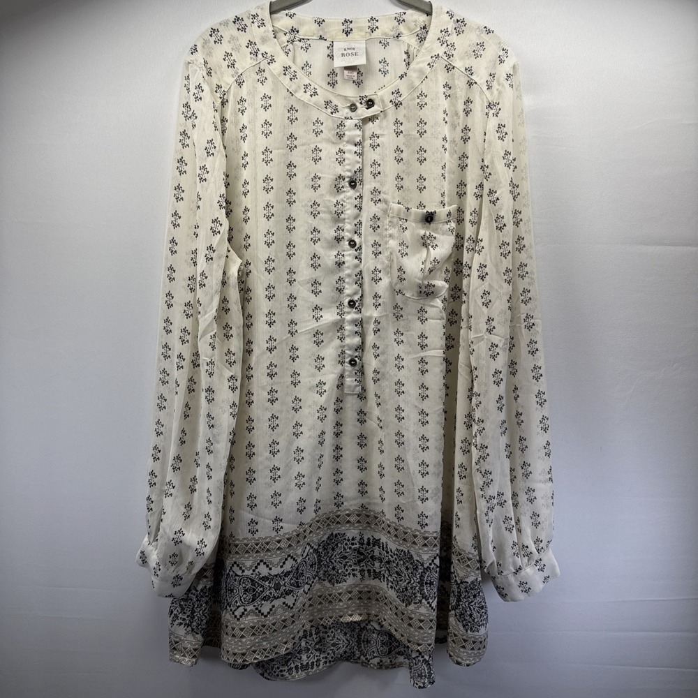 Knox Rose Women's Top Size XXL Ivory Black Border Paisley Bohemian Pullover